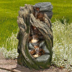Tree Trunk Waterfall Fountain with LED Lights Garden or indoor statue.